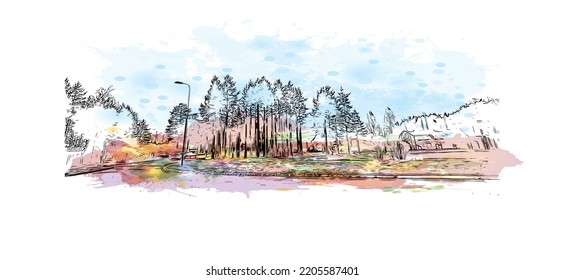 Building view with landmark of Oulu is a city in central Finland. Watercolor splash with hand drawn sketch illustration in vector.