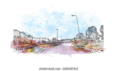 Building view with landmark of Oulu is a city in central Finland. Watercolor splash with hand drawn sketch illustration in vector.