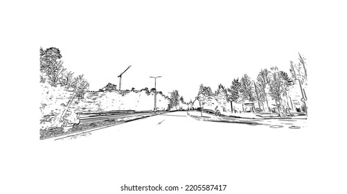 Building view with landmark of Oulu is a city in central Finland. Hand drawn sketch illustration in vector.