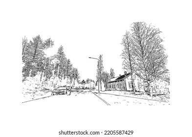 Building view with landmark of Oulu is a city in central Finland. Hand drawn sketch illustration in vector.