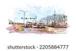 Building view with landmark of Overland Park is the 
city in Kansas. Watercolor splash with hand drawn sketch illustration in vector.