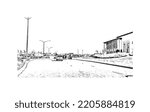 Building view with landmark of Overland Park is the 
city in Kansas. Hand drawn sketch illustration in vector.