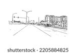 Building view with landmark of Overland Park is the 
city in Kansas. Hand drawn sketch illustration in vector.