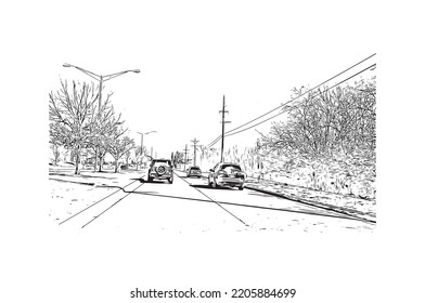 Building view with landmark of Overland Park is the 
city in Kansas. Hand drawn sketch illustration in vector.