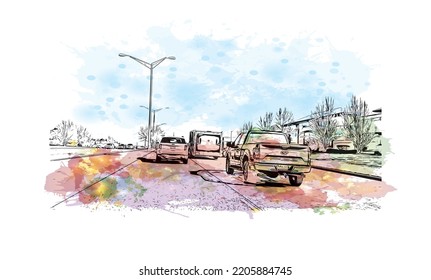 Building view with landmark of Overland Park is the 
city in Kansas. Watercolor splash with hand drawn sketch illustration in vector.