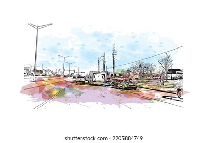 Building view with landmark of Overland Park is the 
city in Kansas. Watercolor splash with hand drawn sketch illustration in vector.