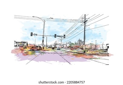 Building view with landmark of Overland Park is the 
city in Kansas. Watercolor splash with hand drawn sketch illustration in vector.