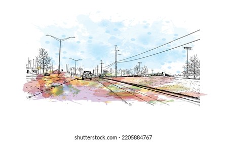 Building view with landmark of Overland Park is the 
city in Kansas. Watercolor splash with hand drawn sketch illustration in vector.