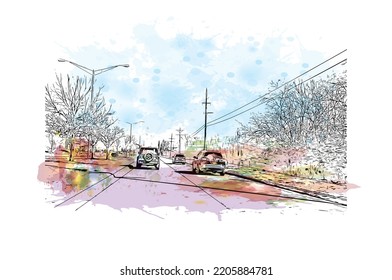 Building view with landmark of Overland Park is the 
city in Kansas. Watercolor splash with hand drawn sketch illustration in vector.