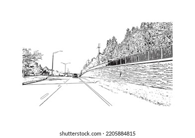 Building view with landmark of Overland Park is the 
city in Kansas. Hand drawn sketch illustration in vector.