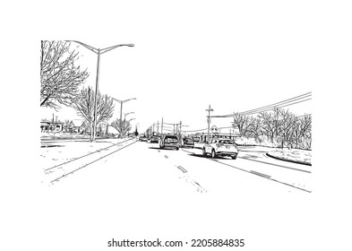 Building view with landmark of Overland Park is the 
city in Kansas. Hand drawn sketch illustration in vector.