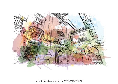 Building view with landmark of Oviedo is a town in northwest Spain. Watercolor splash with hand drawn sketch illustration in vector.