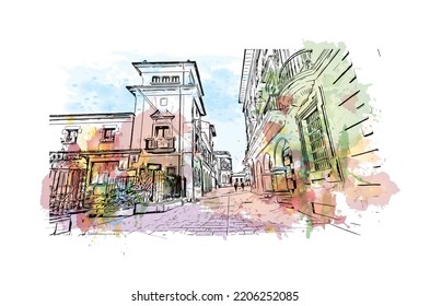 Building view with landmark of Oviedo is a town in northwest Spain. Watercolor splash with hand drawn sketch illustration in vector.