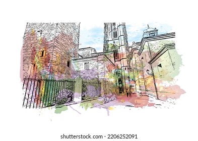 Building view with landmark of Oviedo is a town in northwest Spain. Watercolor splash with hand drawn sketch illustration in vector.