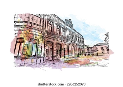 Building view with landmark of Oviedo is a town in northwest Spain. Watercolor splash with hand drawn sketch illustration in vector.