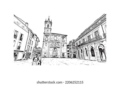 Building view with landmark of Oviedo is a town in northwest Spain. Hand drawn sketch illustration in vector.
