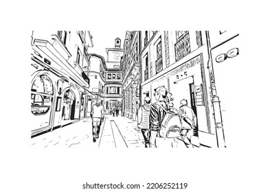 Building view with landmark of Oviedo is a town in northwest Spain. Hand drawn sketch illustration in vector.