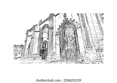 Building view with landmark of Oviedo is a town in northwest Spain. Hand drawn sketch illustration in vector.