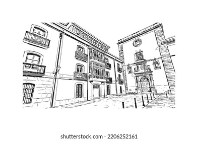 Building view with landmark of Oviedo is a town in northwest Spain. Hand drawn sketch illustration in vector.
