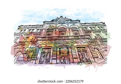Building view with landmark of Oviedo is a town in northwest Spain. Watercolor splash with hand drawn sketch illustration in vector.