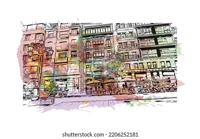 Building view with landmark of Oviedo is a town in northwest Spain. Watercolor splash with hand drawn sketch illustration in vector.