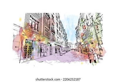 Building view with landmark of Oviedo is a town in northwest Spain. Watercolor splash with hand drawn sketch illustration in vector.