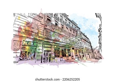 Building view with landmark of Oviedo is a town in northwest Spain. Watercolor splash with hand drawn sketch illustration in vector.