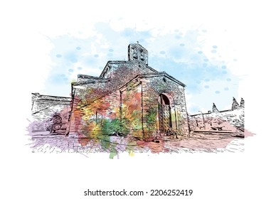 Building view with landmark of Oviedo is a town in northwest Spain. Watercolor splash with hand drawn sketch illustration in vector.