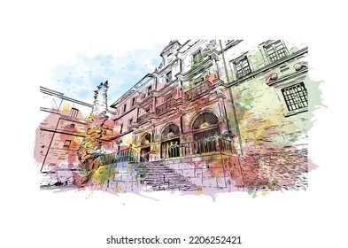 Building view with landmark of Oviedo is a town in northwest Spain. Watercolor splash with hand drawn sketch illustration in vector.