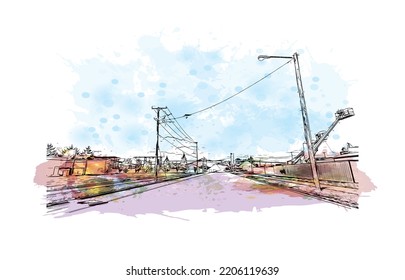 Building view with landmark of Owensboro is the 
city in Kentucky. Watercolor splash with hand drawn sketch illustration in vector.