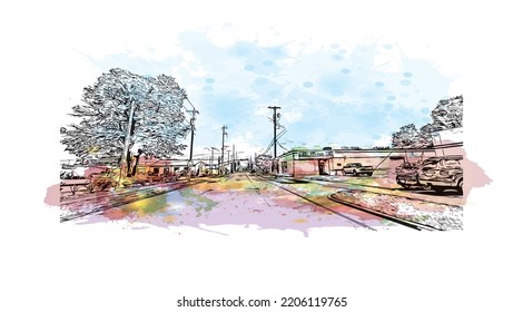 Building view with landmark of Owensboro is the 
city in Kentucky. Watercolor splash with hand drawn sketch illustration in vector.