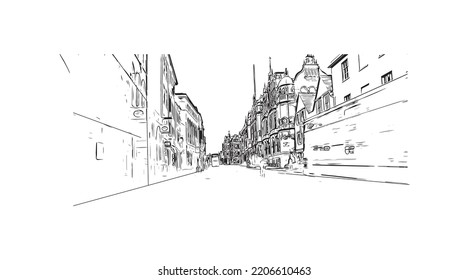 Building view with landmark of Oxford is the 
city in England. Hand drawn sketch illustration in vector.