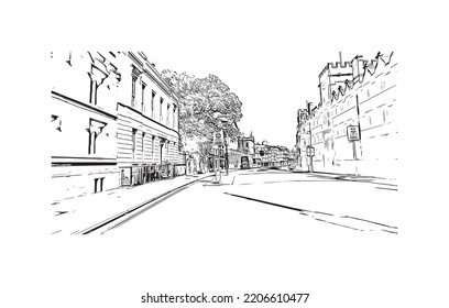 Building view with landmark of Oxford is the 
city in England. Hand drawn sketch illustration in vector.