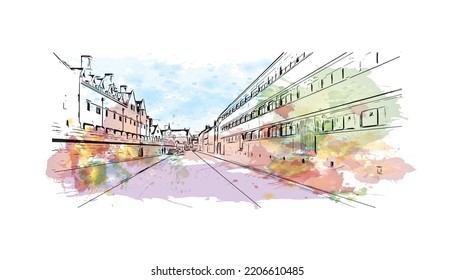 Building view with landmark of Oxford is the 
city in England. Watercolor splash with hand drawn sketch illustration in vector.