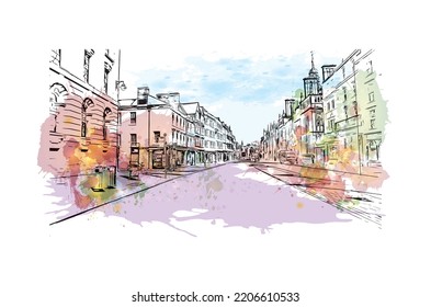 Building view with landmark of Oxford is the 
city in England. Watercolor splash with hand drawn sketch illustration in vector.