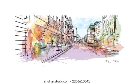 Building view with landmark of Oxford is the 
city in England. Watercolor splash with hand drawn sketch illustration in vector.