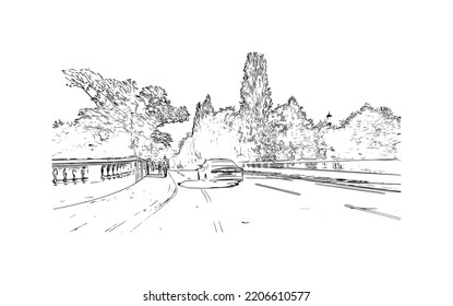 Building view with landmark of Oxford is the 
city in England. Hand drawn sketch illustration in vector.