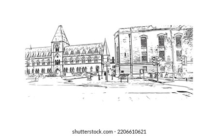 Building view with landmark of Oxford is the 
city in England. Hand drawn sketch illustration in vector.