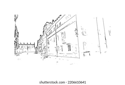 Building view with landmark of Oxford is the 
city in England. Hand drawn sketch illustration in vector.