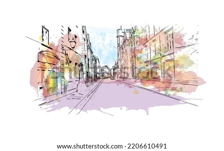 Building view with landmark of Oxford is the 
city in England. Watercolor splash with hand drawn sketch illustration in vector.