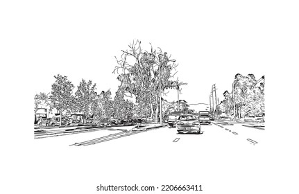 Building view with landmark of Oxnard is the 
city in California. Hand drawn sketch illustration in vector.