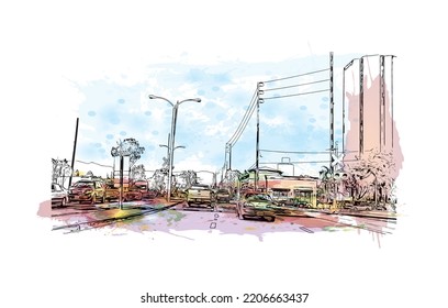 Building view with landmark of Oxnard is the 
city in California. Watercolor splash with hand drawn sketch illustration in vector.