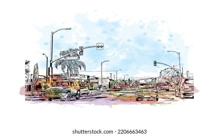 Building view with landmark of Oxnard is the 
city in California. Watercolor splash with hand drawn sketch illustration in vector.