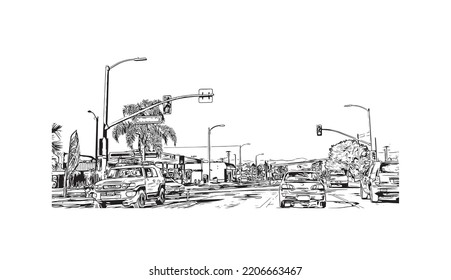 Building view with landmark of Oxnard is the 
city in California. Hand drawn sketch illustration in vector.