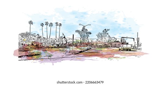 Der Blick auf das Gebäude mit Wahrzeichen von Oxnard ist der 
Stadt in Kalifornien. Aquarellspritzer mit handgezeichneter Skizzengrafik in Vektorgrafik.