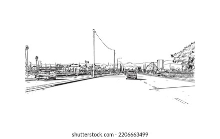 Building view with landmark of Oxnard is the 
city in California. Hand drawn sketch illustration in vector.