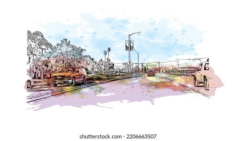 La vista de construcción con un punto de referencia de Oxnard es la 
ciudad de California. Salto de color de agua con ilustración de esbozo dibujada a mano en vector.