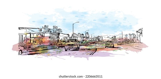 Building view with landmark of Oxnard is the 
city in California. Watercolor splash with hand drawn sketch illustration in vector.