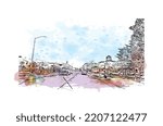 Building view with landmark of Pacific Grove is the 
city in California. Watercolor splash with hand drawn sketch illustration in vector.