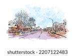 Building view with landmark of Pacific Grove is the 
city in California. Watercolor splash with hand drawn sketch illustration in vector.